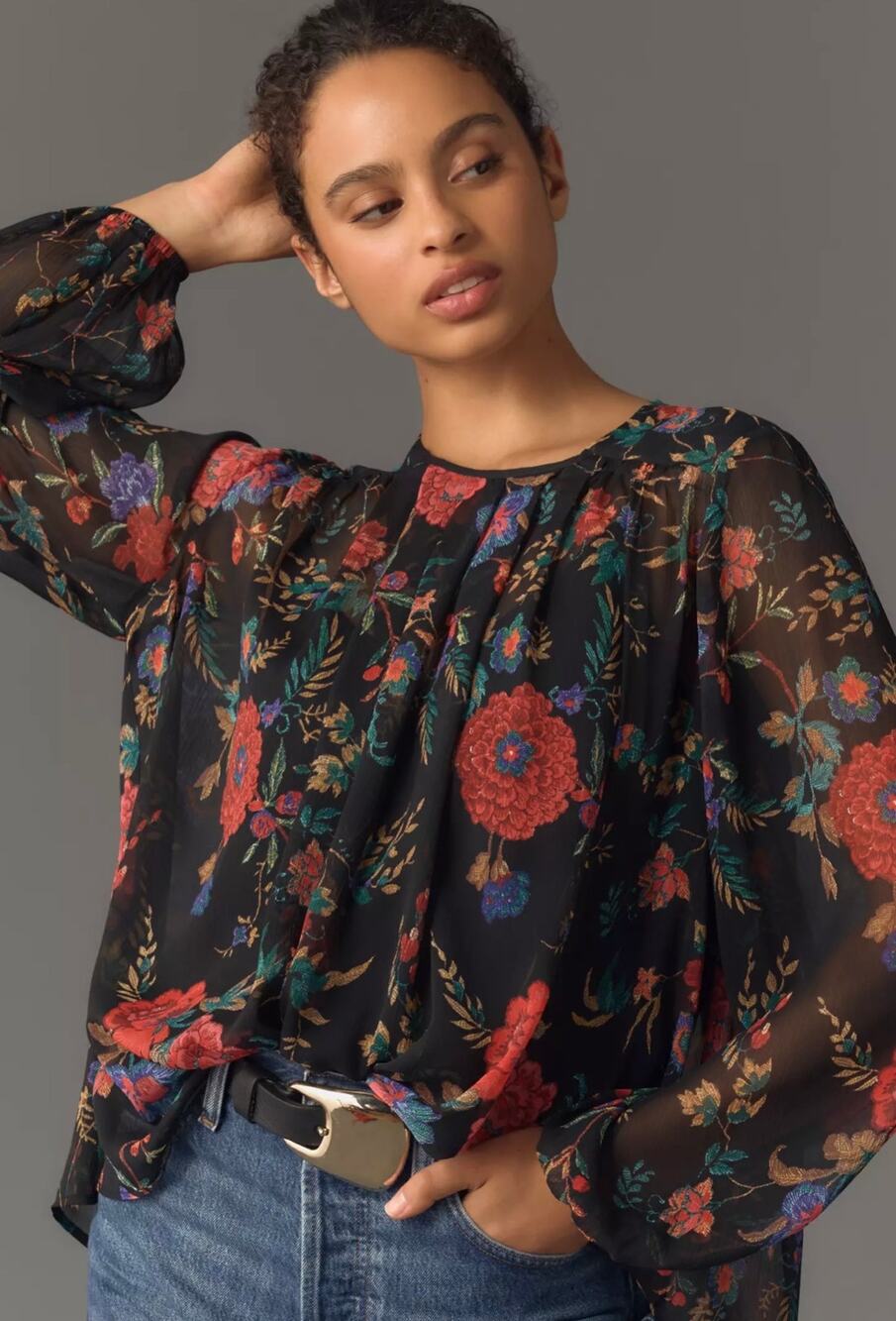 Maeve Anthropologie Long-Sleeve Pleated Peasant Black Floral Blouse Sz 2X New
